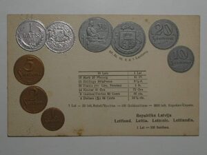 Raro Cartão Postal Tema A Numismática C/ Moedas Da Republica da Letônia