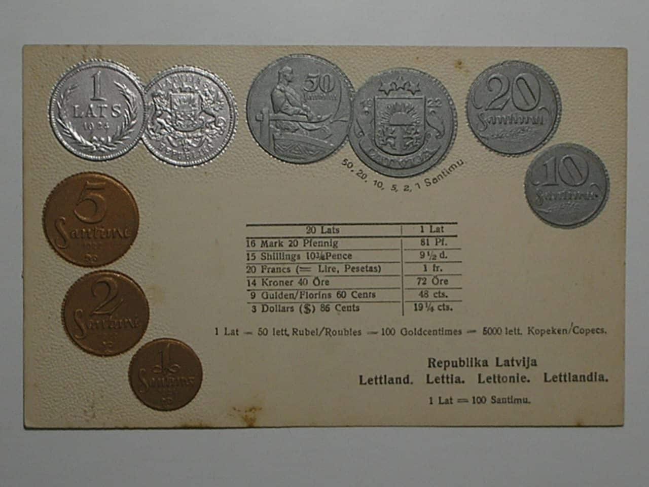 | Casa do Colecionador Raro Cartão Postal Tema A Numismática C/ Moedas Da Republica da Letônia
