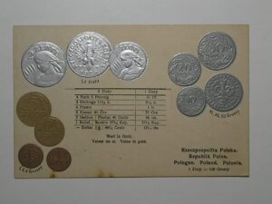Raro Cartão Postal Tema A Numismática C/ Moedas Da República da Polonia
