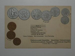 Raro Cartão Postal Tema A Numismática C/ Moedas Da Republica Tchecoslováquia