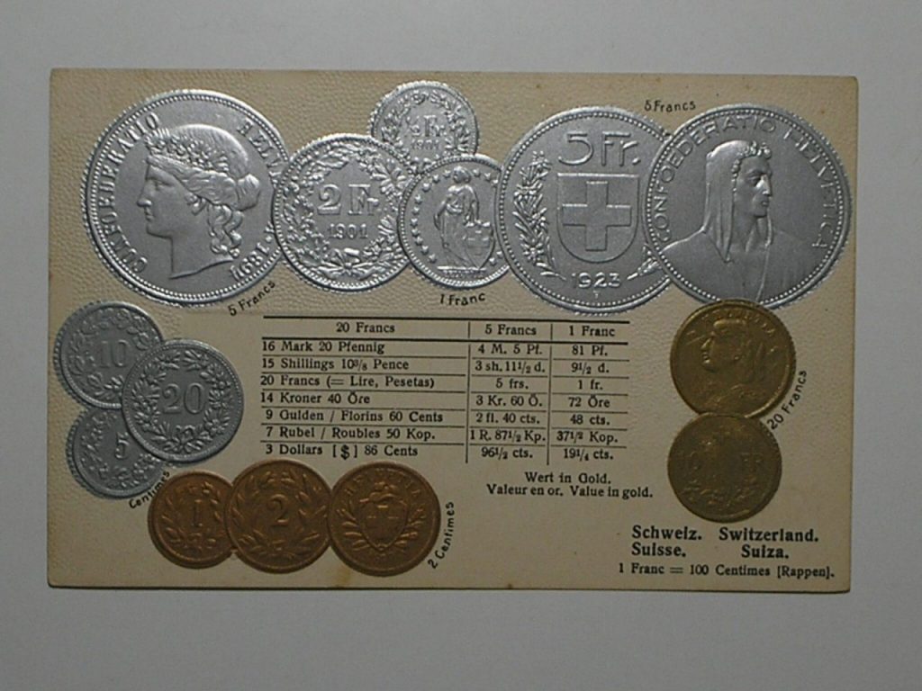 | Casa do Colecionador Raro Cartão Postal Tema A Numismática C/ Moedas Da Suiça