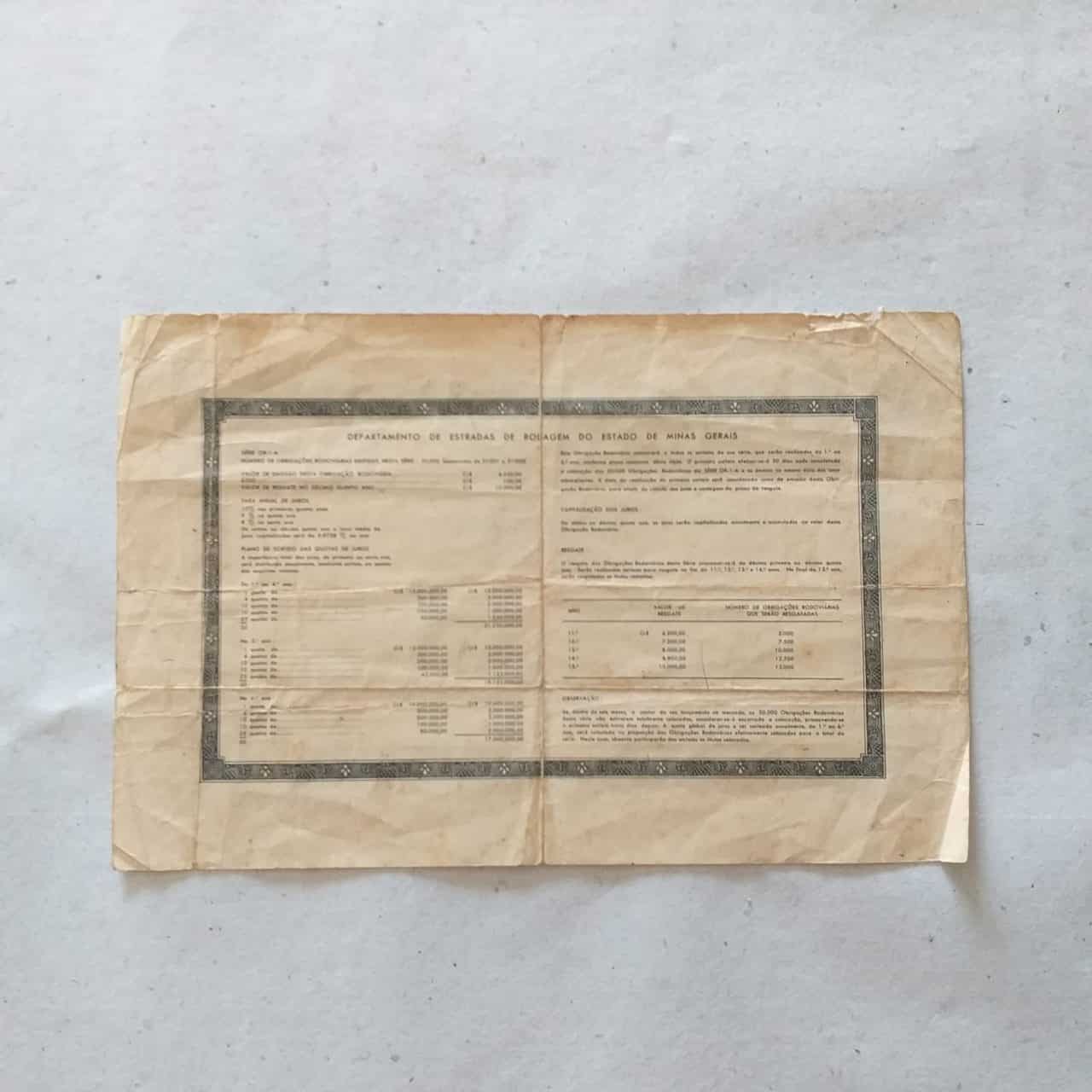 | Casa do Colecionador Obrigação Rodoviária - Departamento de Estradas de Rodagem do Estado de Minas Gerais (10.000 Cruzeiros) 1962