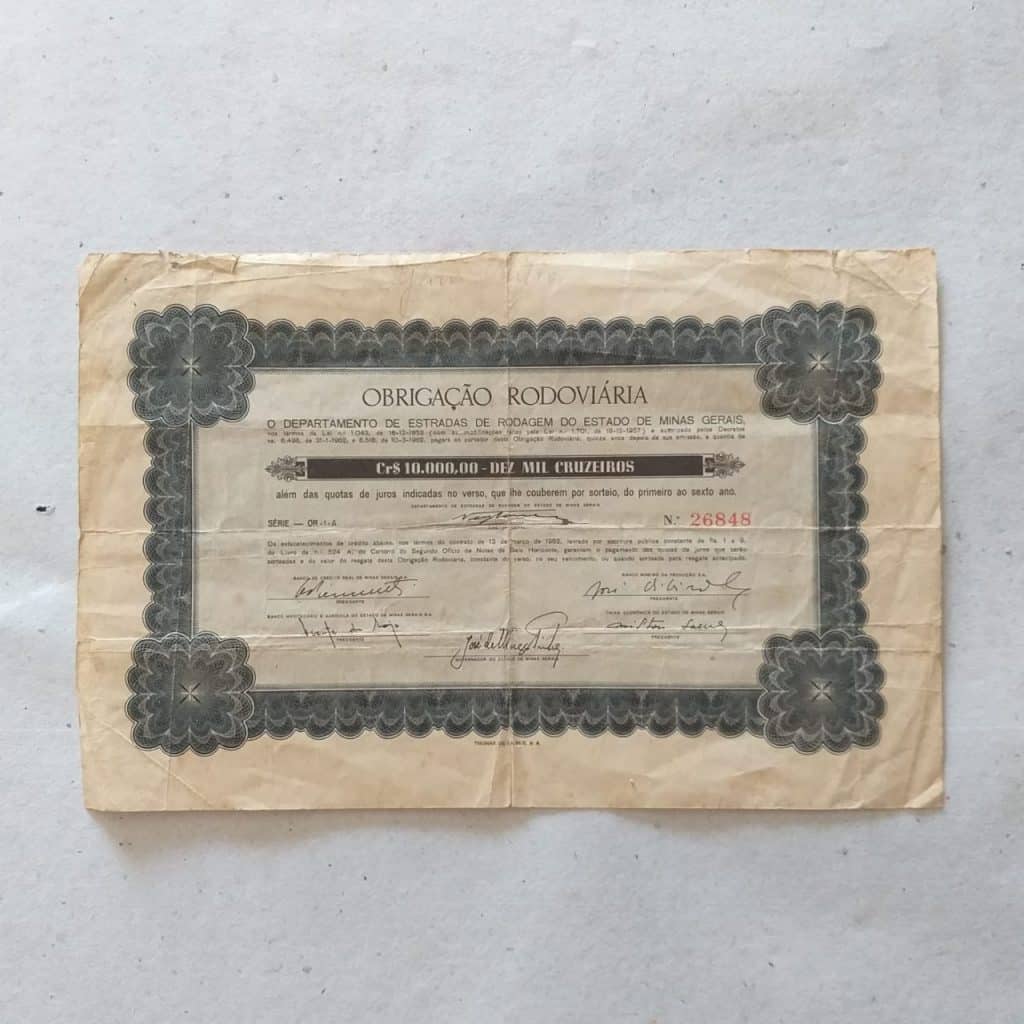 | Casa do Colecionador Obrigação Rodoviária - Departamento de Estradas de Rodagem do Estado de Minas Gerais (10.000 Cruzeiros) 1962