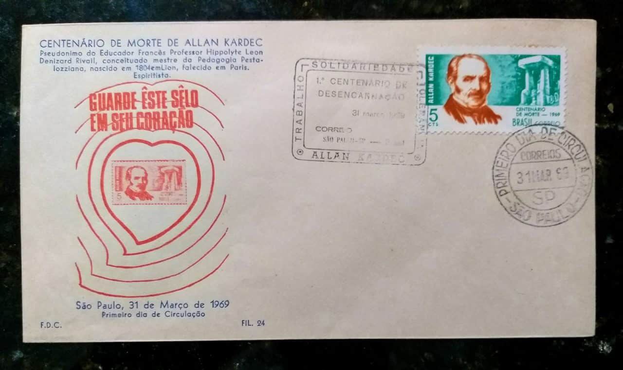 | Casa do Colecionador Envelope FDC (1º Dia de Circulação) Não Oficial - Selo RHM C631 - Centenário de Desencarnação de Allan Kardec - 31/03/1969