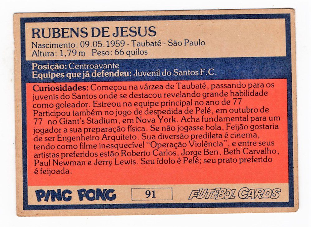 | Casa do Colecionador Ping Pong Futebol Cards Santos Futebol Clube - Nº 91 - Rubens Feijão