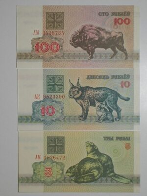 Bielo Russia) 3 / 10 / 100 Rublei - 1992 / Flor de Estampa / ce04