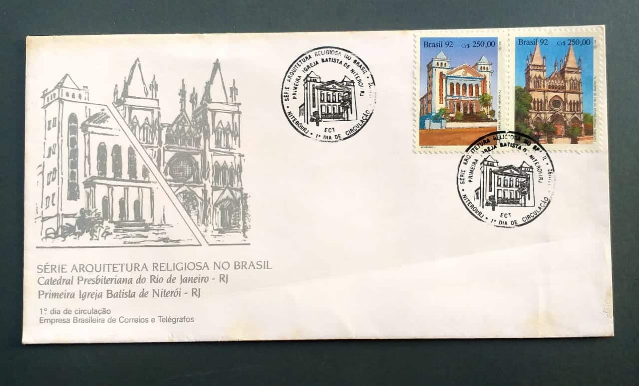 | Casa do Colecionador Envelope FDC (1º Dia de Circulação) RHM FDC-553 com Carimbo CBC - Série Arquitetura Religiosa do Brasil - 12/01/1992