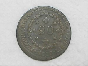 20 Réis – 1828 Rio = 24 Tulipas / Florões Obliquos / Império D. Pedro I / Cobre / Mbc / c800
