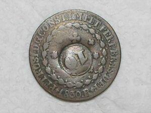 20 Réis – 1830 Rio = 22 Tulipas / Florões Obliquos / Carimbo 10 / Império D. Pedro I / Cobre / Bc/Mbc / c800