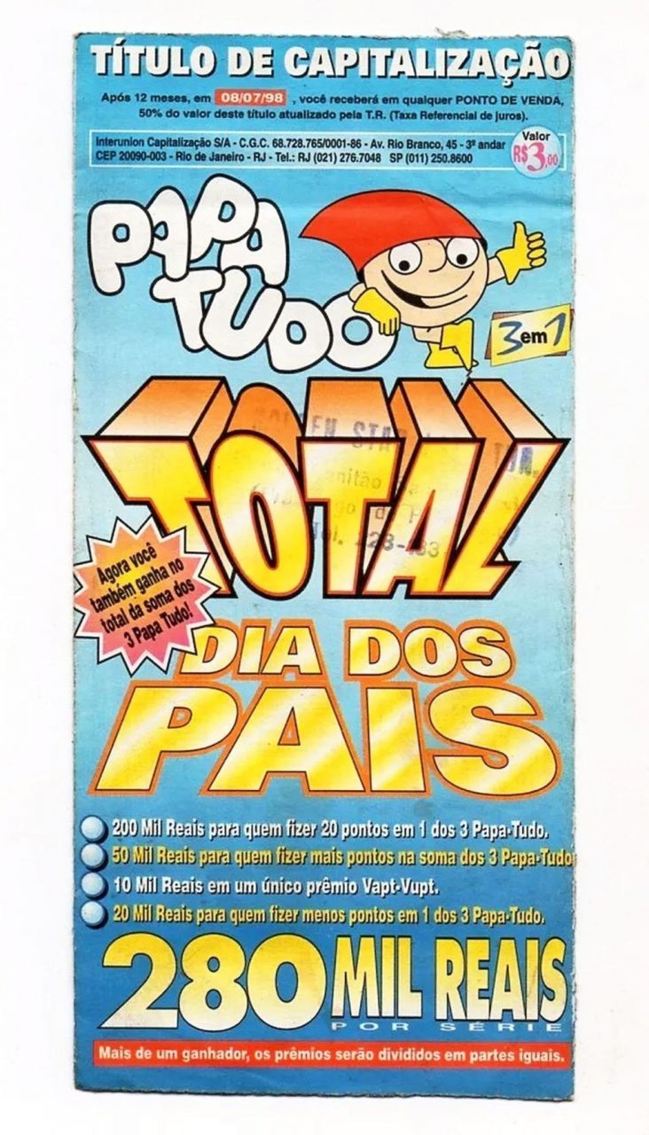 | Casa do Colecionador Antigo Titulo De Capitalização Papa Tudo Dia Dos Pais - 1997