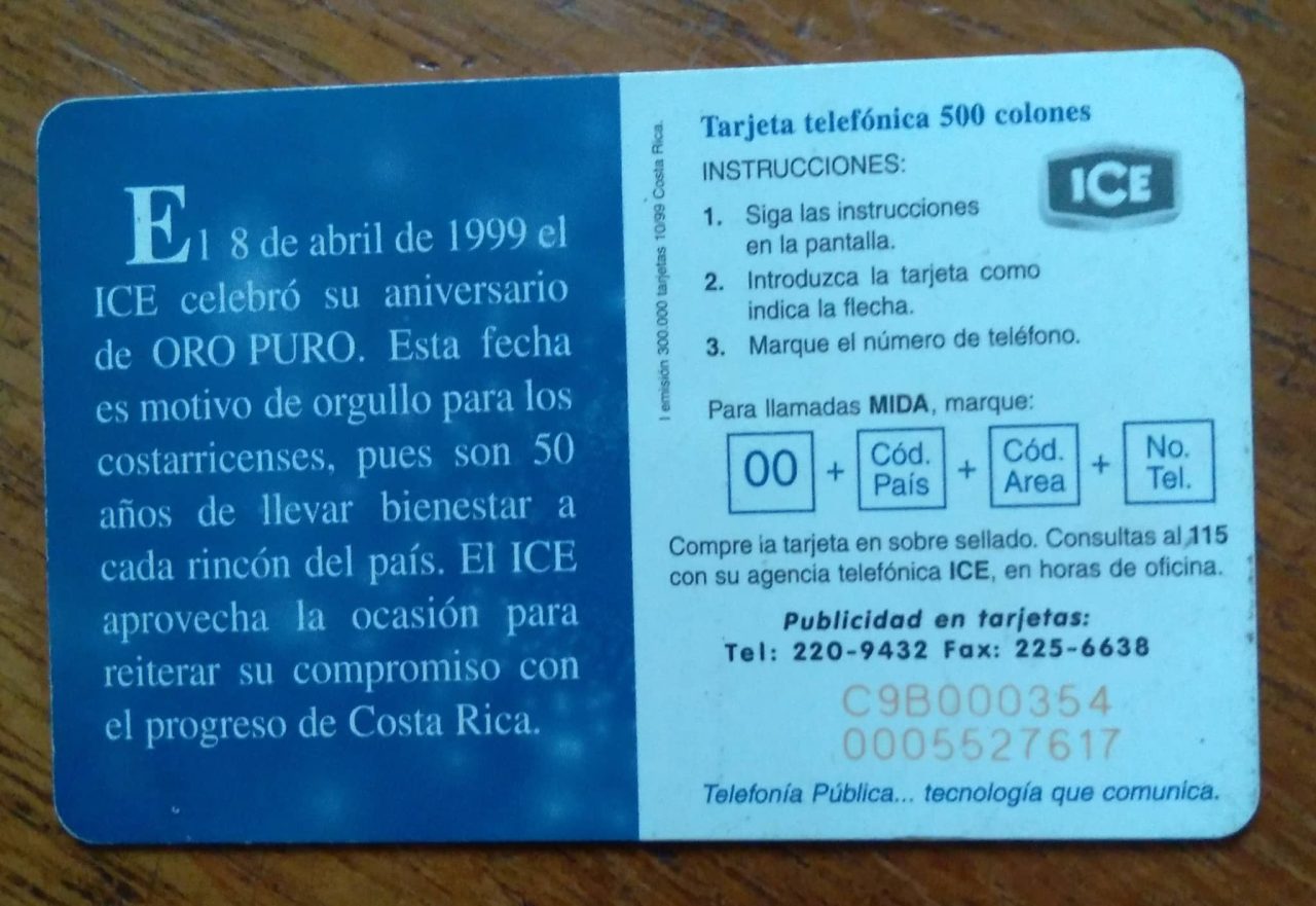 | Casa do Colecionador Cartão telefone Costa Rica Ice 1999 / Aniversário 50 anos.