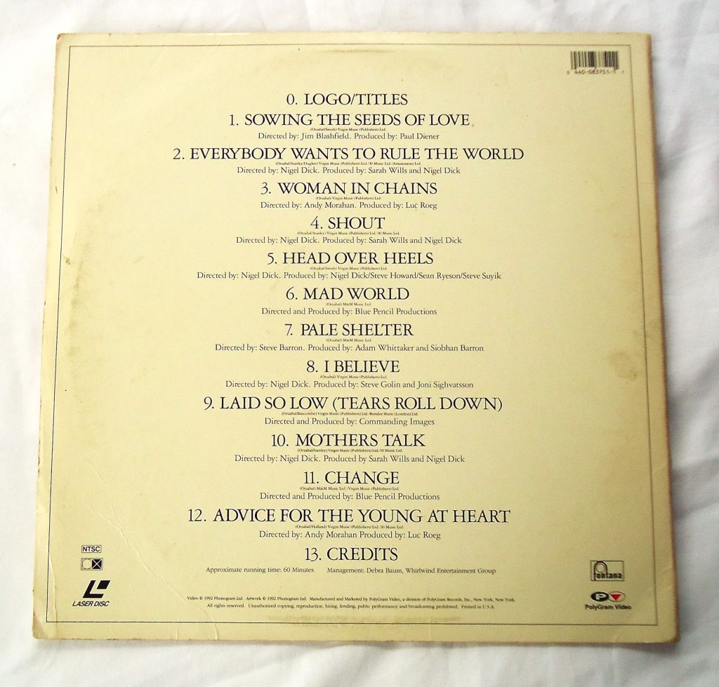 | Casa do Colecionador Laser Disc Ld - Tears For Fears - Tears Roll Down - Greatest Hits - 82 / 92 - Polygram Video