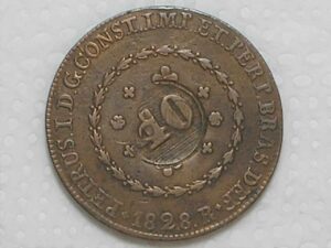 80 Réis – 1828 Rio = 21 Tulipas / Florões Obliquos / Carimbo 40 / Império D. Pedro I / Cobre / Mbc / Box24
