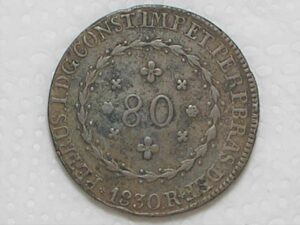 80 Réis – 1830 Rio = 20 Tulipas / Florões Obliquos / Império D. Pedro I / Cobre / Mbc / Box24