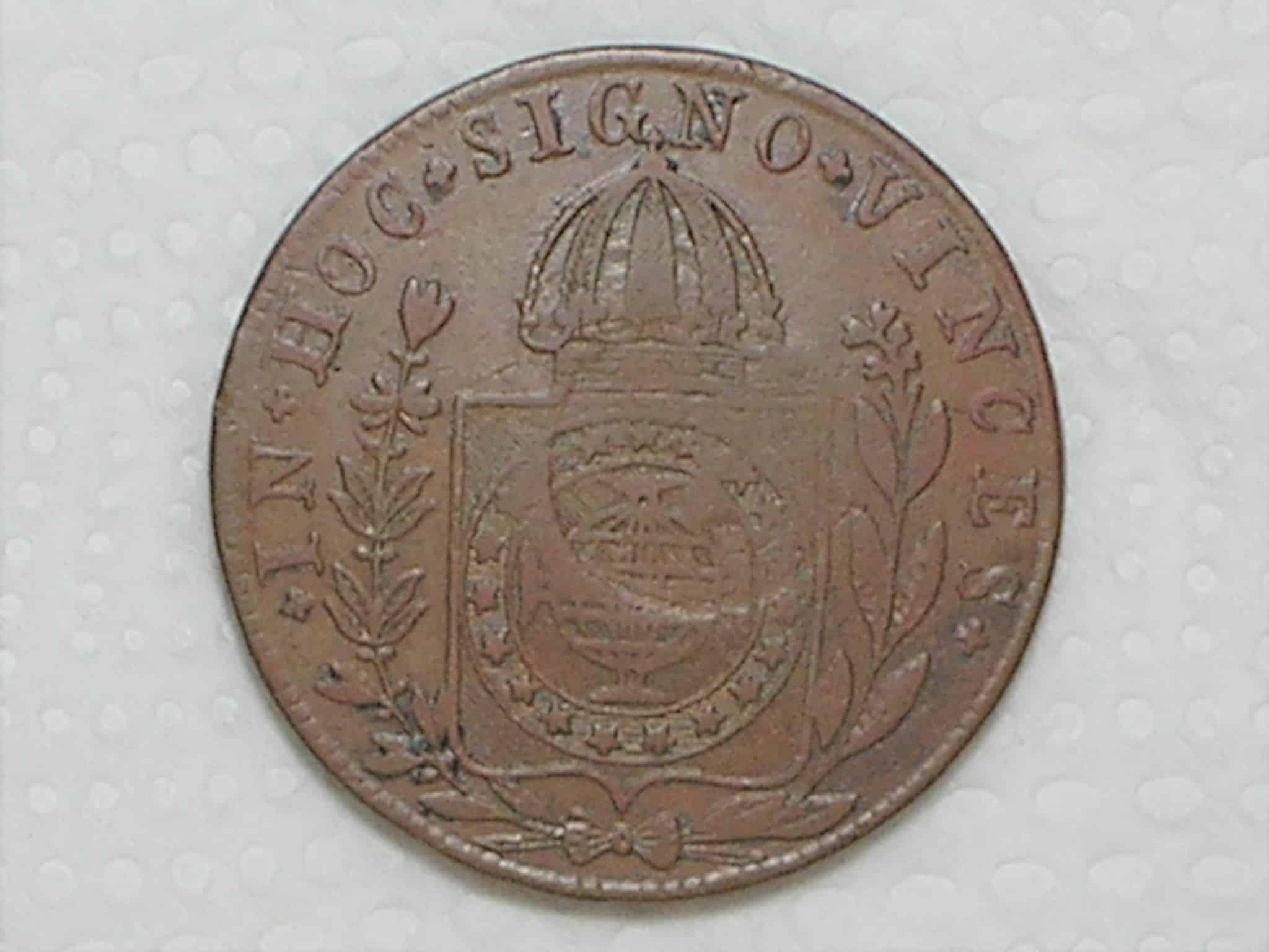 | Casa do Colecionador Raro no estado) 80 Réis – 1831 Rio = 21 Tulipas / Florões Obliquos / Carimbo de 40 / Império D. Pedro I / Cobre / *Sob/Flor / Box24