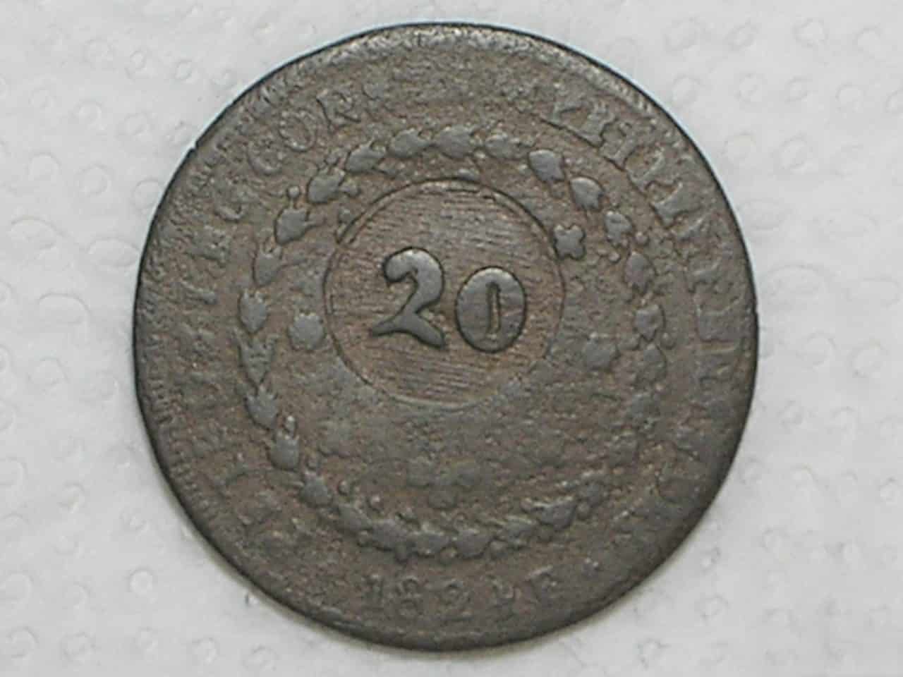 | Casa do Colecionador 40 Réis - 1824-R / 24 Tulipas / Carimbo 20 / Império D. Pedro I / Cobre / Escassa / Bc / box21