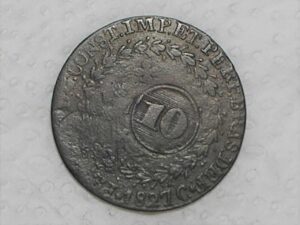 40 Réis - 1827 Cuiabá / C de cuiabá com Ponto e estrela e Ponto / 24 Tulipas / Carimbo 10 / Império D. Pedro I / Cobre / Raro / Bc / box21