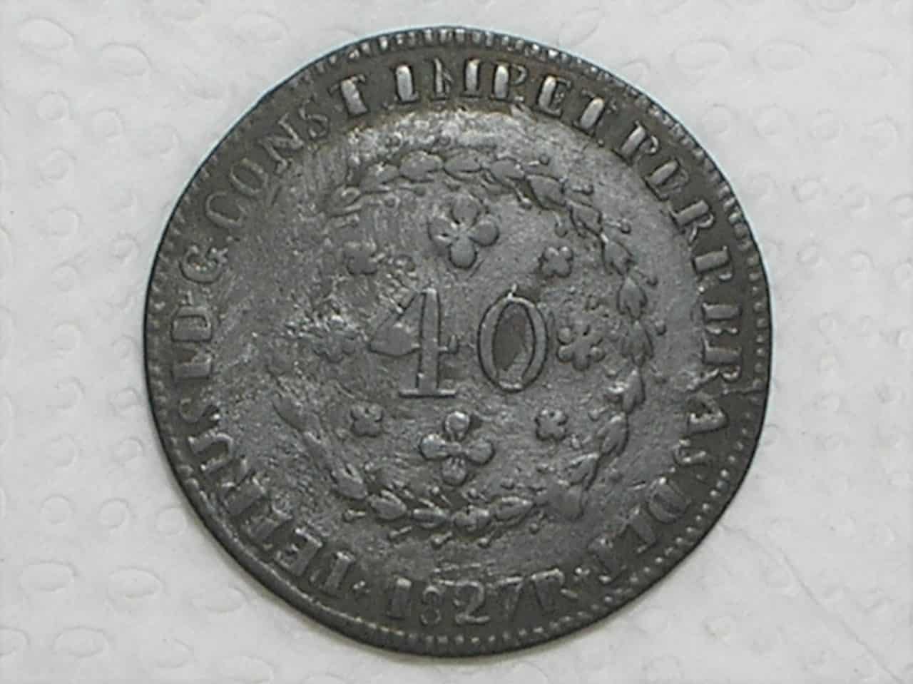 | Casa do Colecionador 40 Réis - 1827-R / Data 1 Arábico / 25 Tulipas / Disco Menor / FV / Império D. Pedro I / Cobre / Mbc / box21