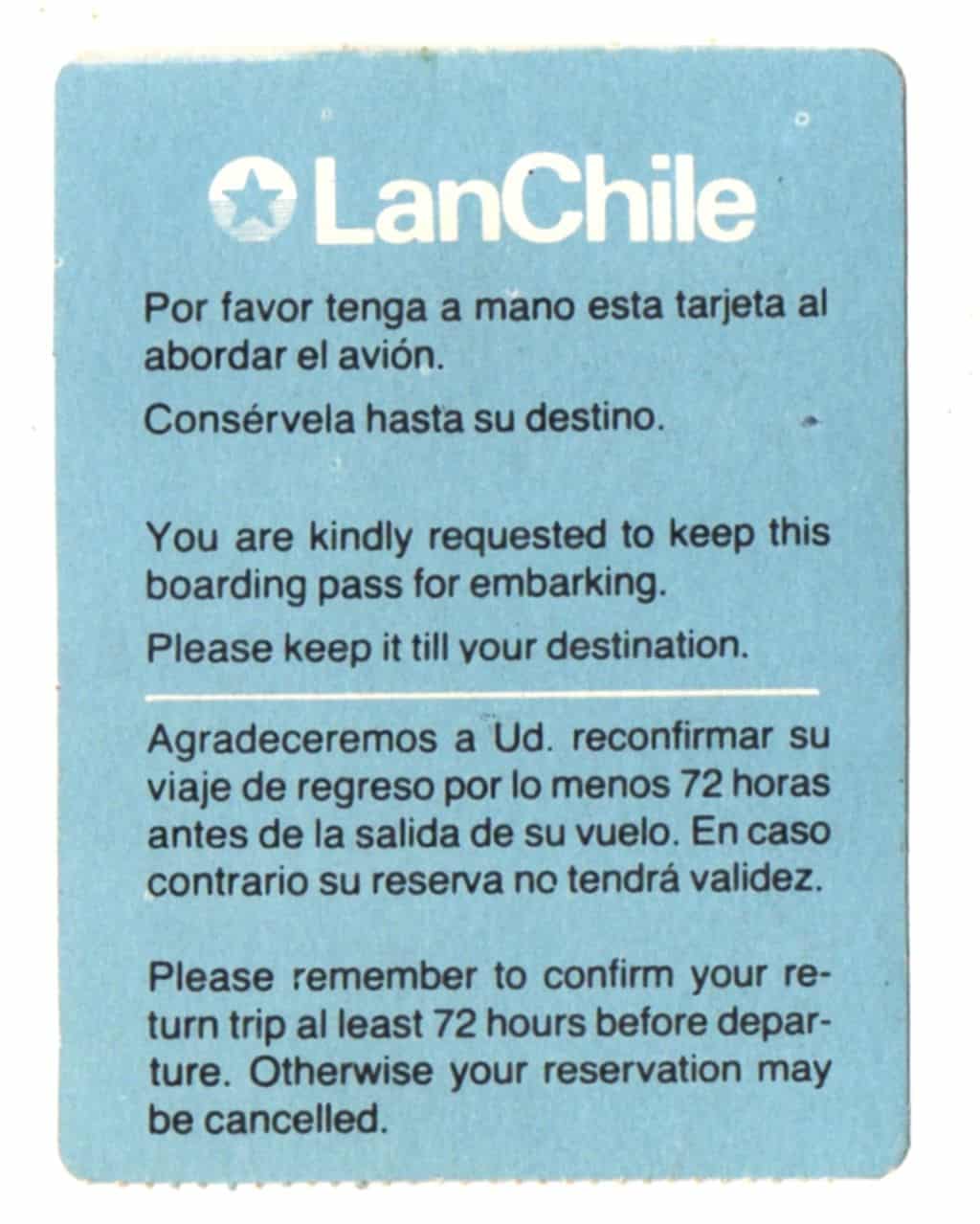 | Casa do Colecionador Cartão De Embarque - LanChile - Classe Economica - Anos 80