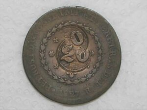 Duplo Carimbo) 40 Réis - 1827-R / 26 Tulipas / - Duplo Carimbo 20 / FO / Império D. Pedro I / Cobre / Mbc / box21