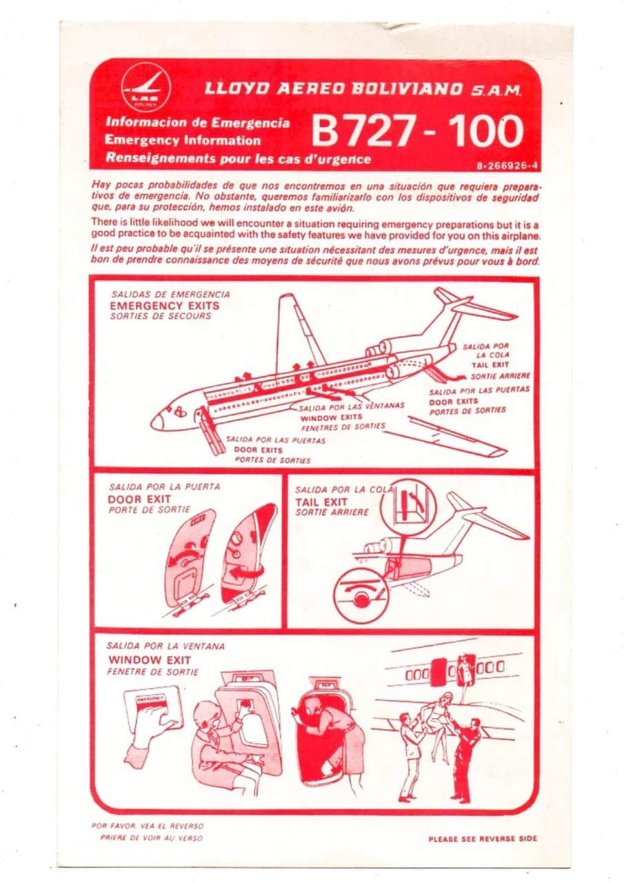 | Casa do Colecionador Safety Card Boeing 727-100 - Lloyd Aereo Boliviano - LAB - Anos 70