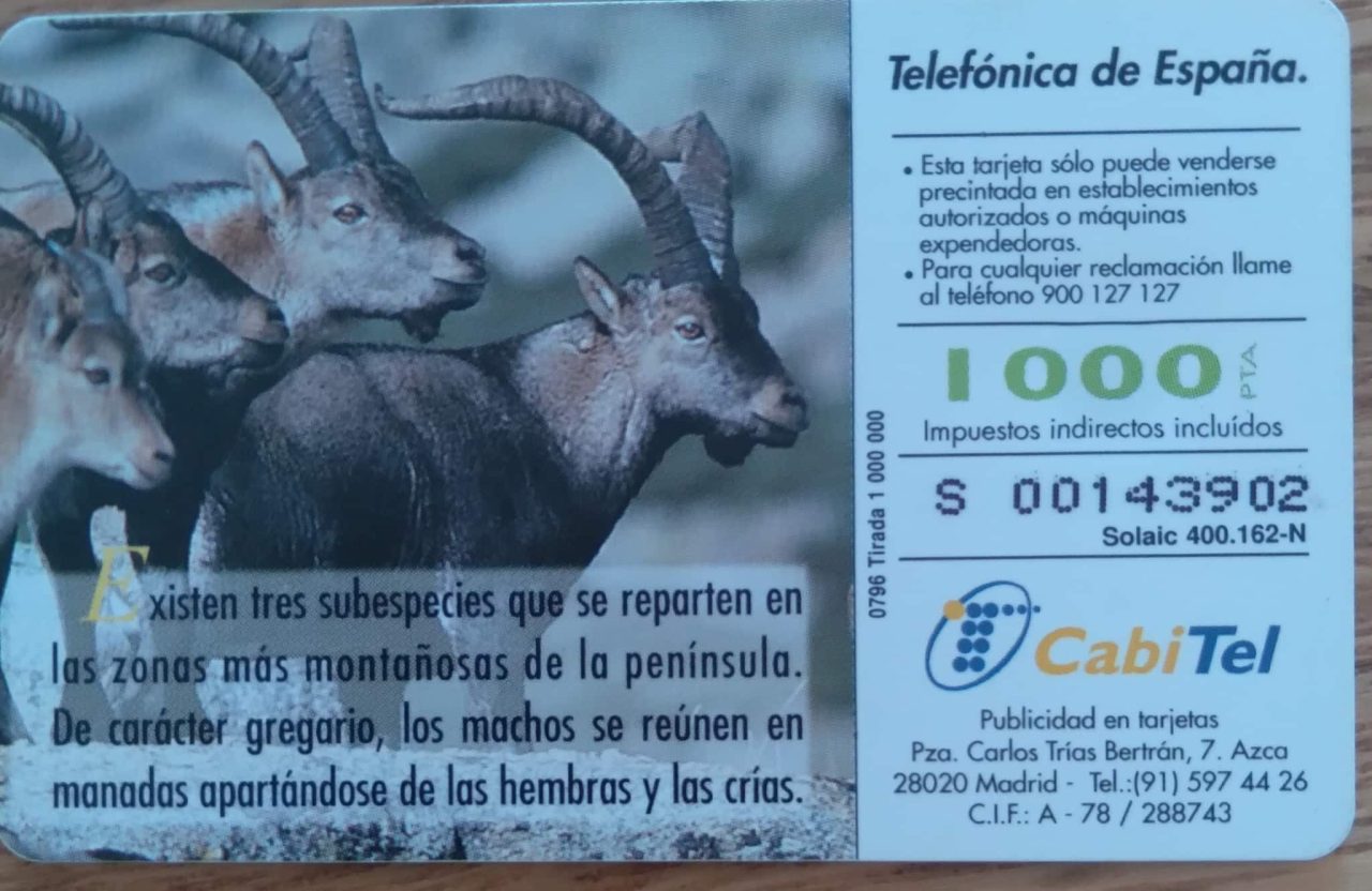 | Casa do Colecionador Cartão telefone Espanha Telefônica / Fauna Iberica Cabra Montes / tir 1000000 em 1996.