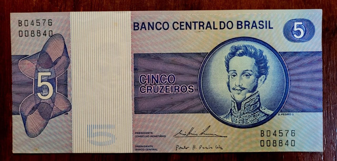 | Casa do Colecionador 5 (Cinco Cruzeiros) - Cédula C135 - MBC - Série B04576 - Nº 008840 (Ano 1974)