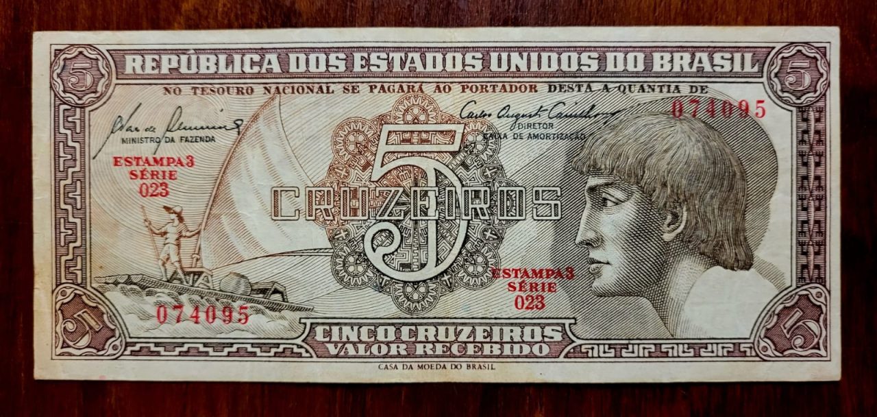| Casa do Colecionador 5 (Cinco Cruzeiros) Índio - Cédula C111 - MBC - Série 023 - Nº 074095 (Ano 1961)