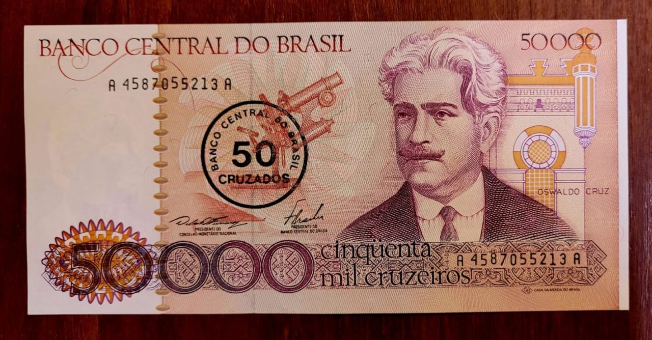 | Casa do Colecionador 50.000 (Cinquenta Mil Cruzeiros) com Carimbo de 50 Cruzados - Cédula C178 - SOB+ (Ano 1986)