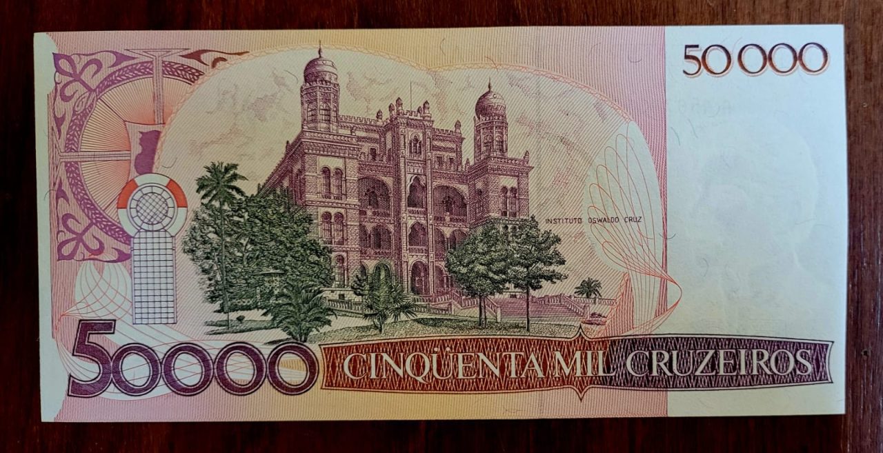 | Casa do Colecionador 50.000 (Cinquenta Mil Cruzeiros) com Carimbo de 50 Cruzados - Cédula C178 - SOB+ (Ano 1986)