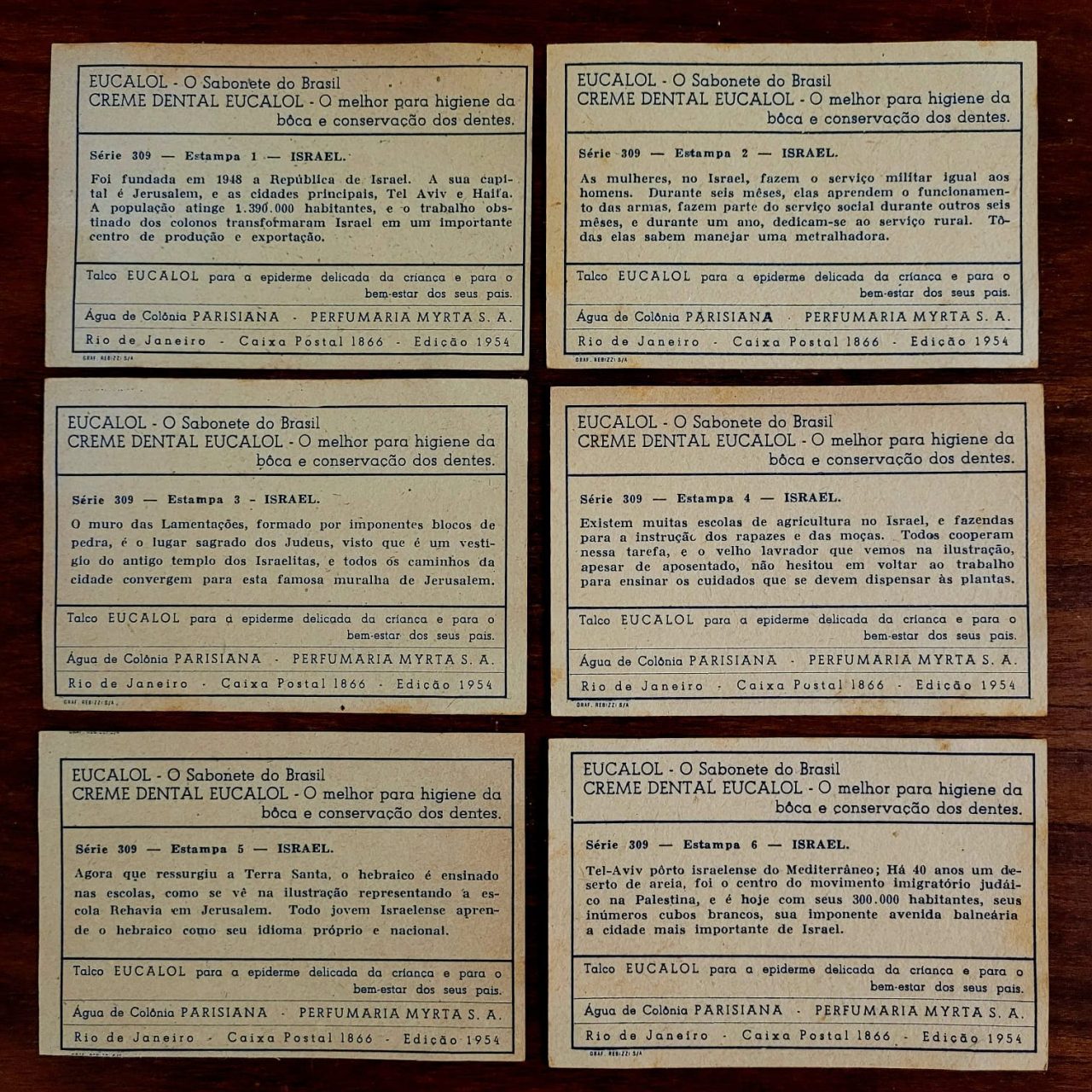 | Casa do Colecionador Estampas Eucalol - Série 309 Completa - Viagem Pitoresca Através os Continentes - Israel (Ano 1954)