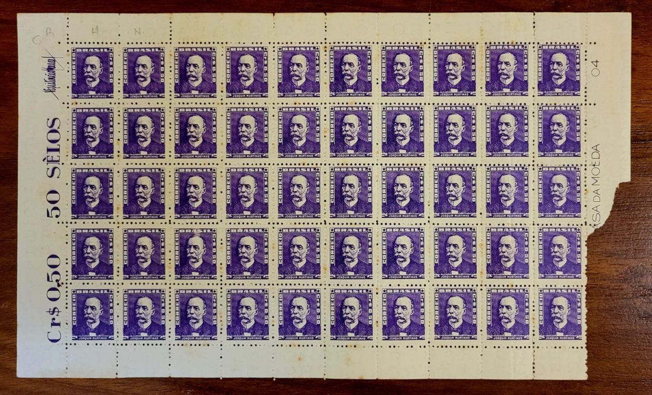 | Casa do Colecionador Folha de Selos - RHM 495 - Série Bisneta - Vultos Célebres da História do Brasil - Joaquim Murtinho (50 Selos) Ano 1958