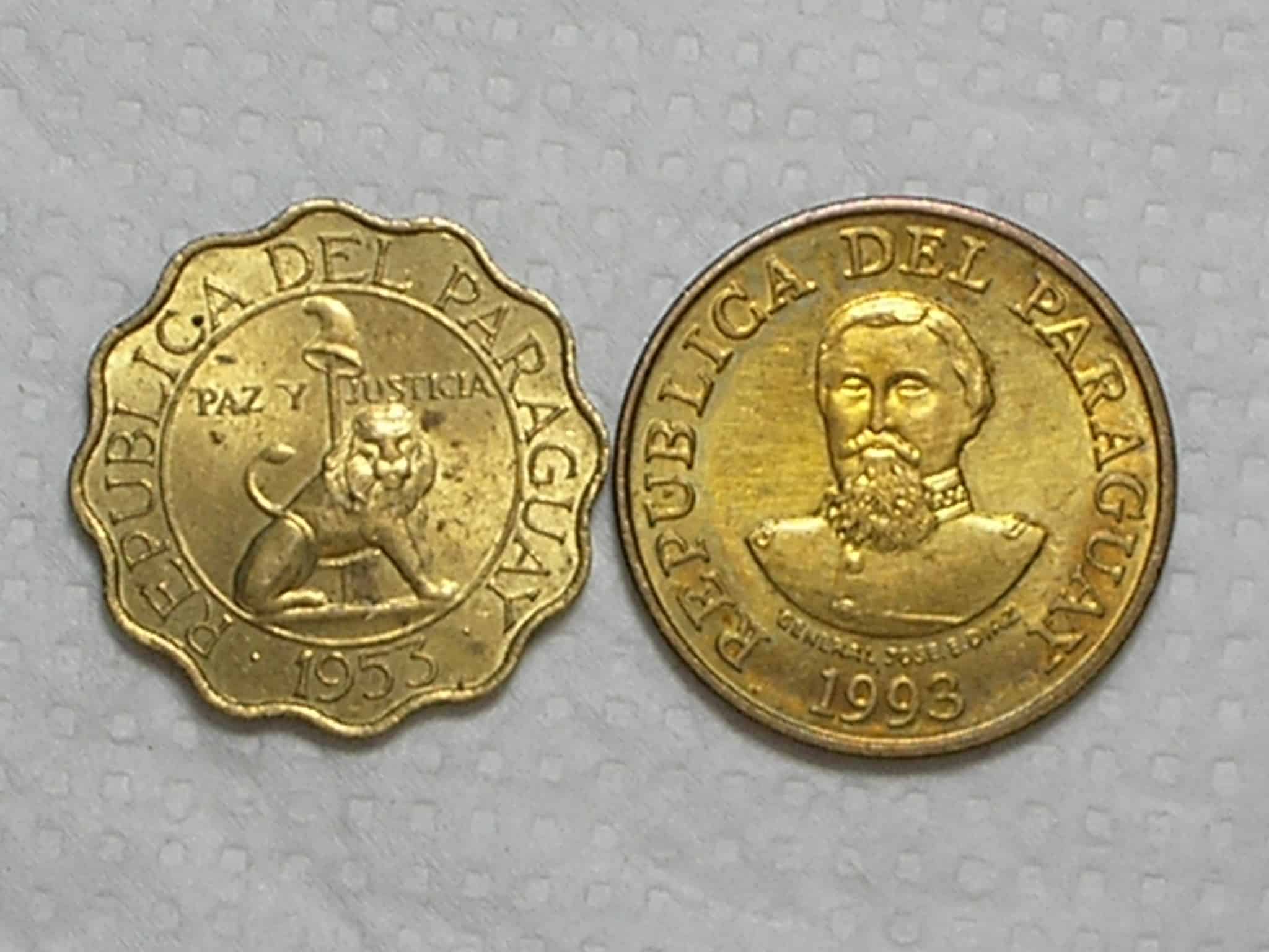 | Casa do Colecionador Paraguay) 25 Centimos - 1953 + 100 Guaranies - 1993 / Bz-Al / Soberbas / box31