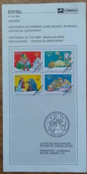 Edital Correios Brasil 1994 24 / Centenario Primeiro Livro Infantil no Brasil Carochinha.