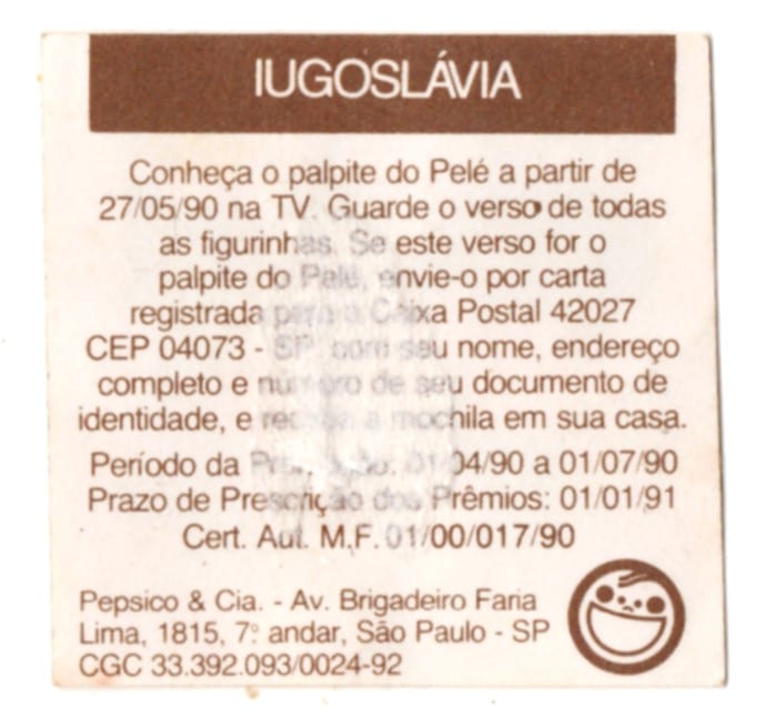 | Casa do Colecionador Figurinha Elma Chips - Copa 90 - Iugoslavia - Usada