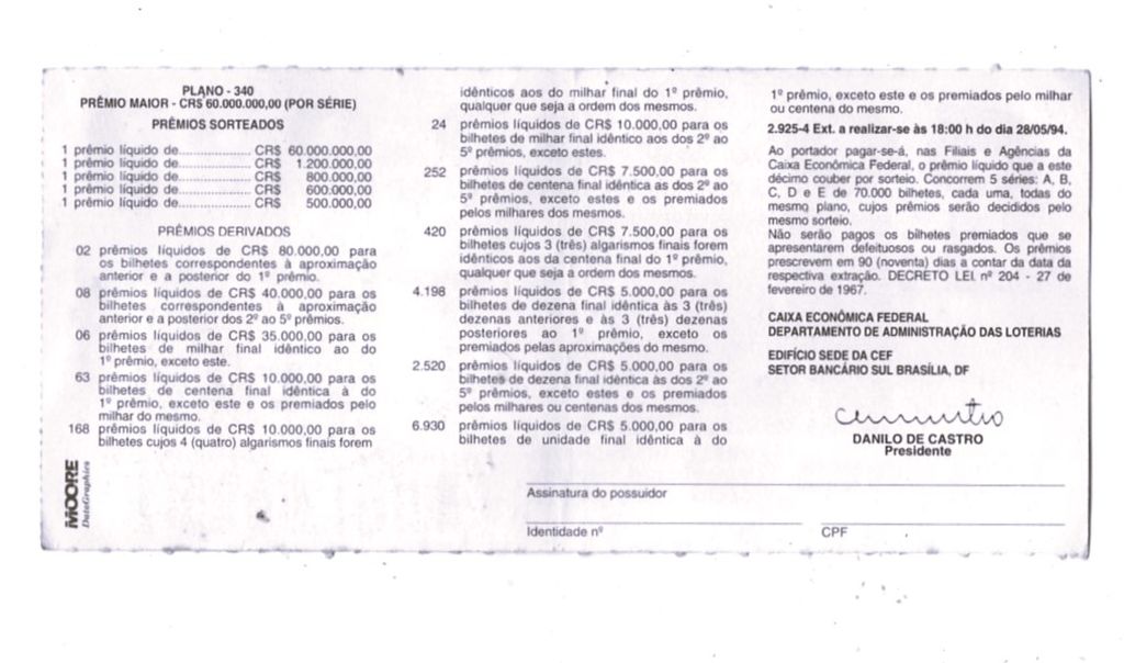 | Casa do Colecionador Antigo Bilhete De Loteria Federal do Brasil - Potes de Fortuna - 1994