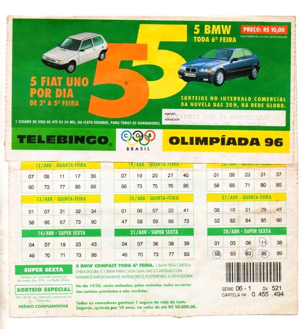 | Casa do Colecionador Antigo Bilhete De Loteria - Telebingo - Olimpiada 1996
