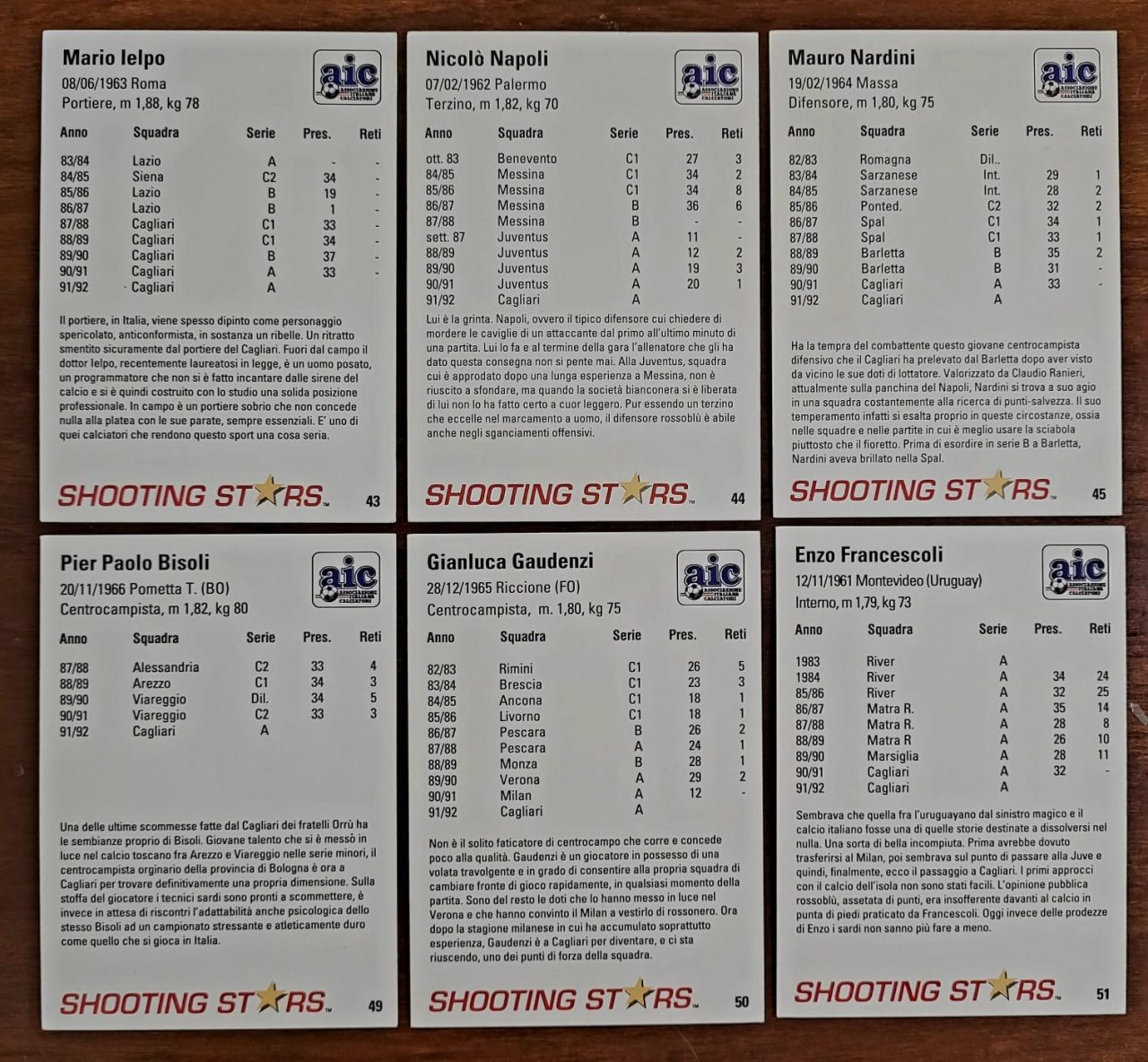 | Casa do Colecionador Card Campeonato Italiano 91/92 - Time Cagliari (Lote com 6 cards) - Shooting Stars