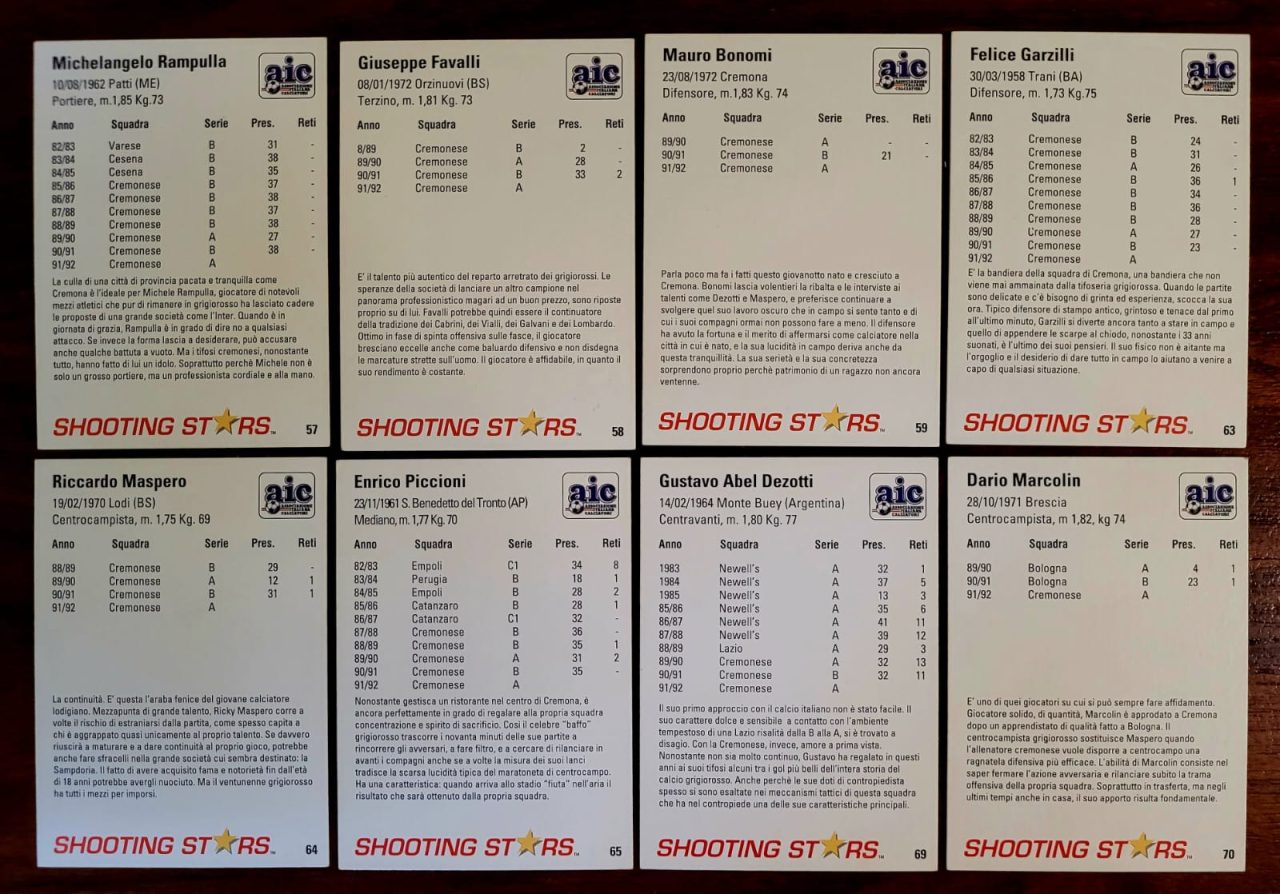 | Casa do Colecionador Card Campeonato Italiano 91/92 - Time Cremonese (Lote com 8 cards) - Shooting Stars