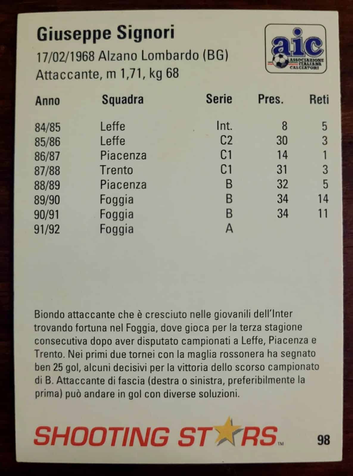 | Casa do Colecionador Card Campeonato Italiano 91/92 - Time Foggia - Nº 98 - Giuseppe Signori - Shooting Stars