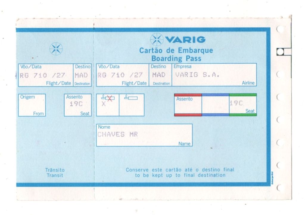 | Casa do Colecionador Cartão De Embarque - Varig - Destino Madrid - Anos 90