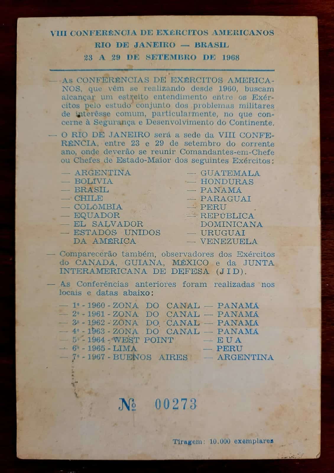 | Casa do Colecionador Folhinha Comemorativa - VIII Conferência de Exércitos Americanos - Rio de Janeiro - Brasil - 1968
