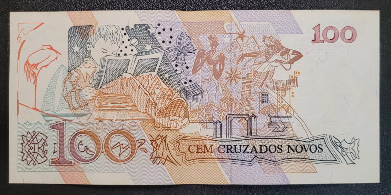 | Casa do Colecionador 100 (Cem Cruzados Novos) com Carimbo de 100 Cruzeiros - Cédula C211 SOB (Ano 1990)