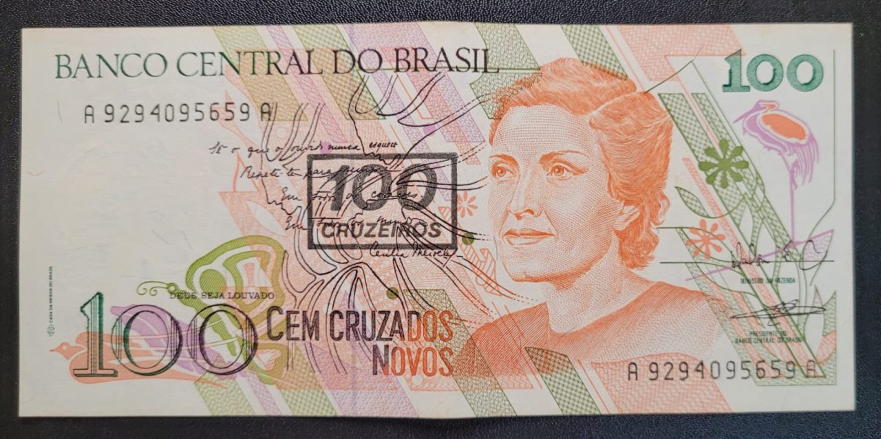 | Casa do Colecionador 100 (Cem Cruzados Novos) com Carimbo de 100 Cruzeiros - Cédula C211 SOB (Ano 1990)