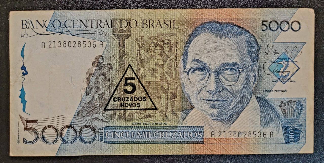 | Casa do Colecionador 5.000 (Cinco Mil Cruzados) com Carimbo de 5 Cruzados Novos - Cédula C200 MBC (Ano 1989)