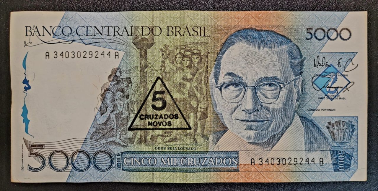 | Casa do Colecionador 5.000 (Cinco Mil Cruzados) com Carimbo de 5 Cruzados Novos - Cédula C200 MBC/SOB (Ano 1989)