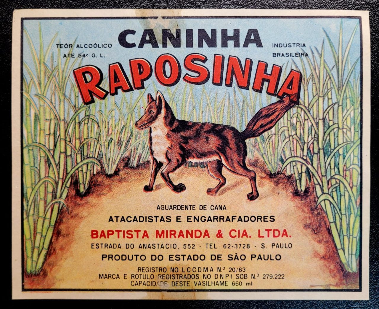 | Casa do Colecionador Antigo Rótulo de Aguardente de Cana - Caninha Raposinha - São Paulo