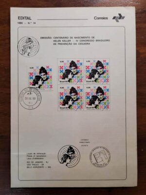 Edital Correios 1980 - Nº 14 - Selo RHM C1157 - Centenário de Nascimento de Hellen Keller - IV Congresso Brasileiro de Prevenção da Cegueira - 28/07/1980