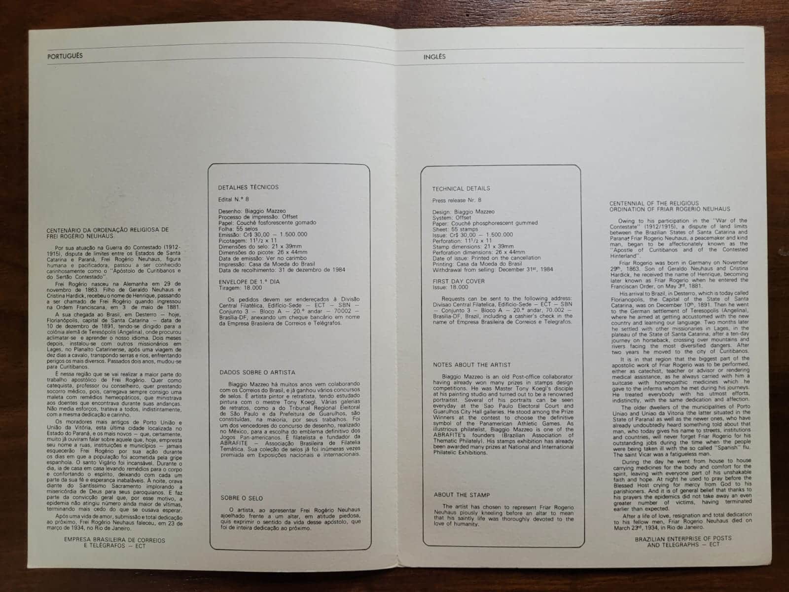 | Casa do Colecionador Edital Correios 1983 - Nº 08 - Selo RHM C1318 - Centenário da Ordenação Religiosa de Frei Rogério Neuhaus - 03/05/1983