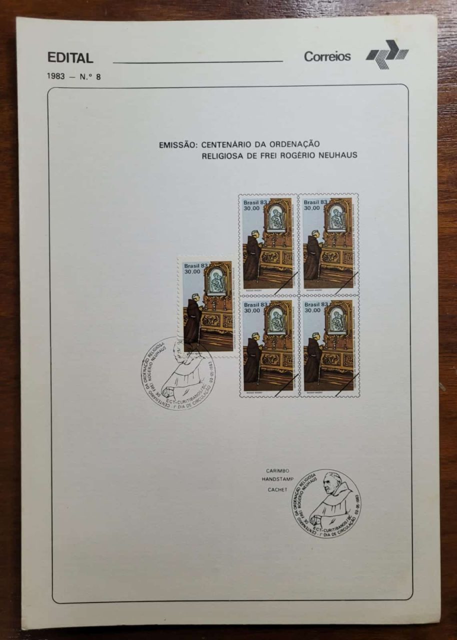 | Casa do Colecionador Edital Correios 1983 - Nº 08 - Selo RHM C1318 - Centenário da Ordenação Religiosa de Frei Rogério Neuhaus - 03/05/1983